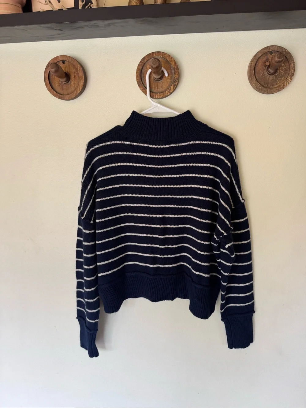 The Workshop navy blue Striped Mock Neck cropped Women's Sweater size small